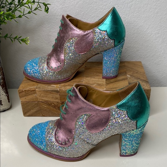John Fluevog Pink and Blue Glitter Heels - Picture 3 of 16